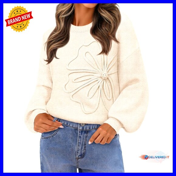Oversized Pullover Sweater Lantern Sleeves Floral Design Chunky Knit Warm